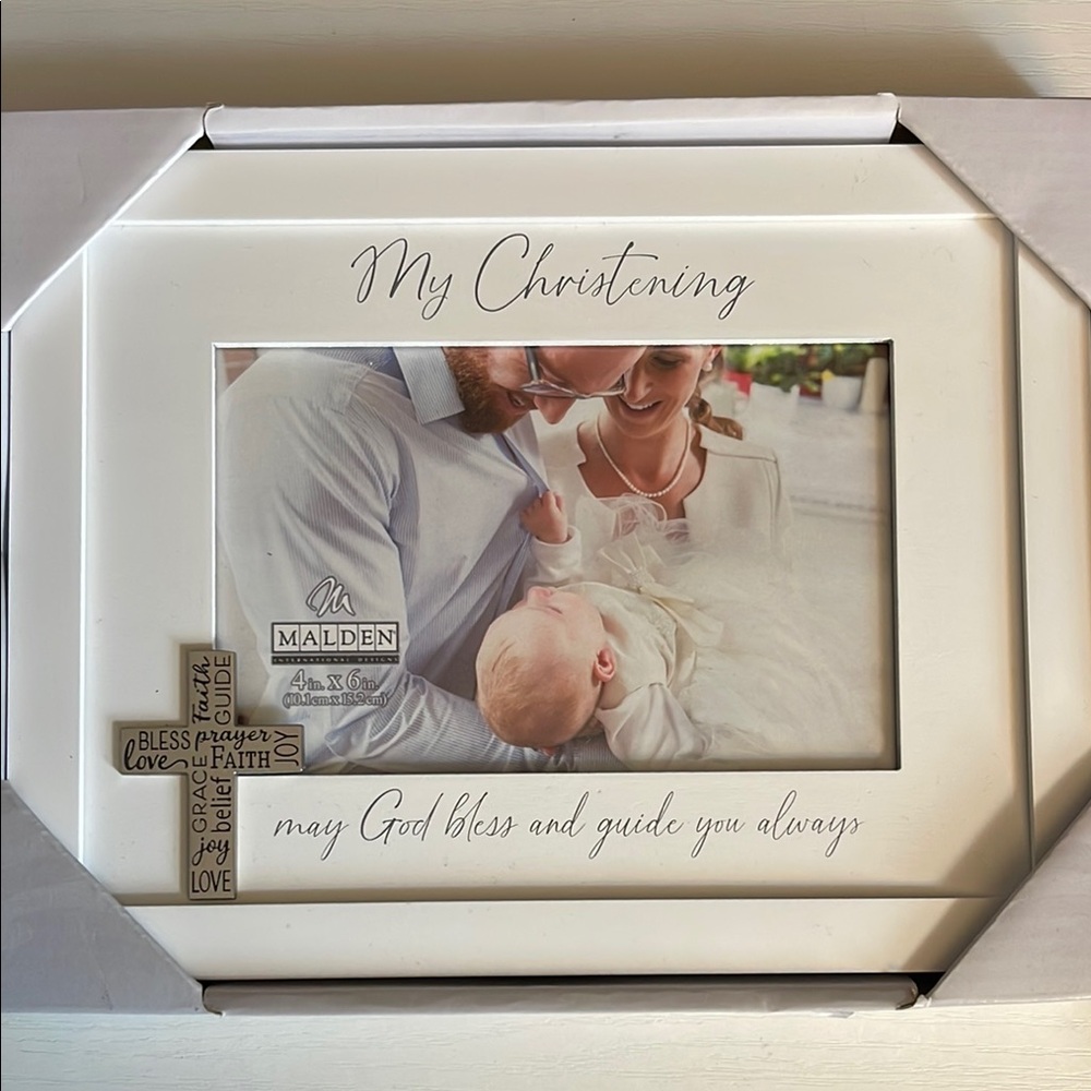 Malden White Christening Picture Frame with Elegant Accents